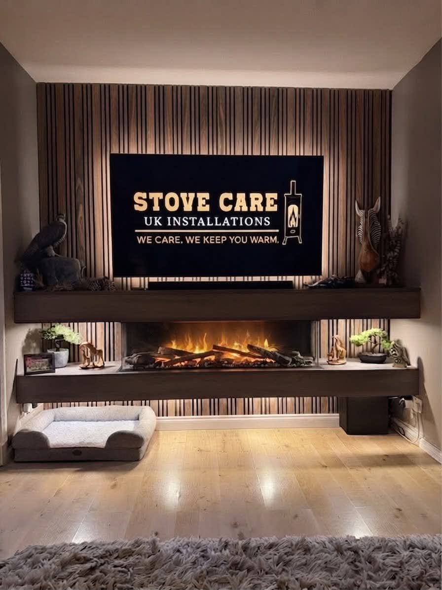 Bespoke slatted oak media wall with inset electric fire